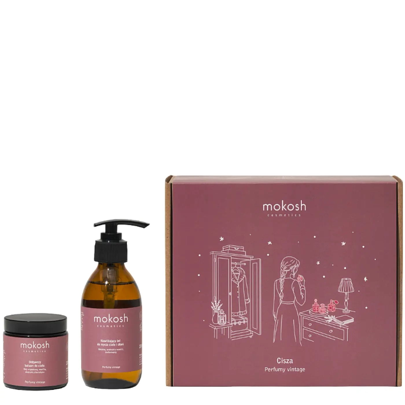 Mokosh Zestaw Świąteczny PERFUMY VINTAGE - Cisza - Odżywczy balsam do ciała + Nawilżający żel do mycia ciała i dłoni