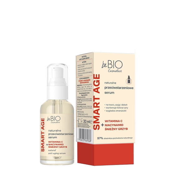 beBIO smart age serum przeciwstarzeniowe z witaminą C, niacynamidem i śnieżnym grzybem 30ml