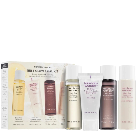 Haruharu Wonder Best Glow Trial Kit - Zestaw do pielęgnacji twarzy (Olejek do demakijażu, żel do mycia, toner i esencja)