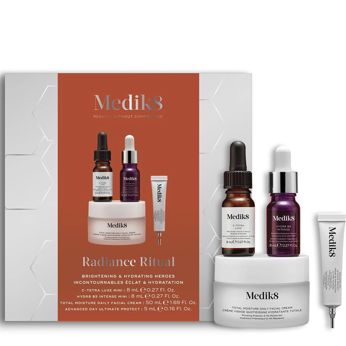 Medik8 Radiance Ritual - Zestaw Mistrzowie Nawilżenia i Rozświetlenia - Total Moisture Daily Facial Cream 50ml + C-Tetra Luxe Mini 8ml + Hydr8 B5 Intense Mini 8ml + Advanced Day Ultimate Protect SPF50+ 5ml