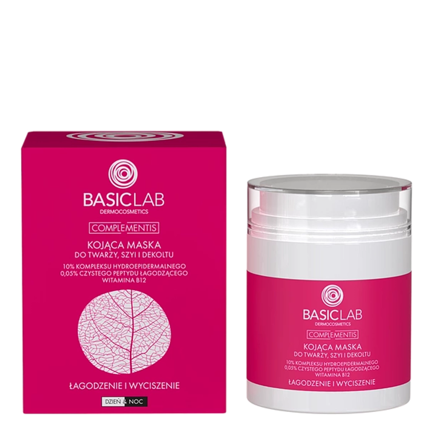 BasicLab Łagodzenie i Wyciszenie Kojąca maska do twarzy, szyi i dekoltu, 10% kompleksu hydroepidermalnego, 0,05% czystego peptydu łagodzącego, witamina B1 50ml