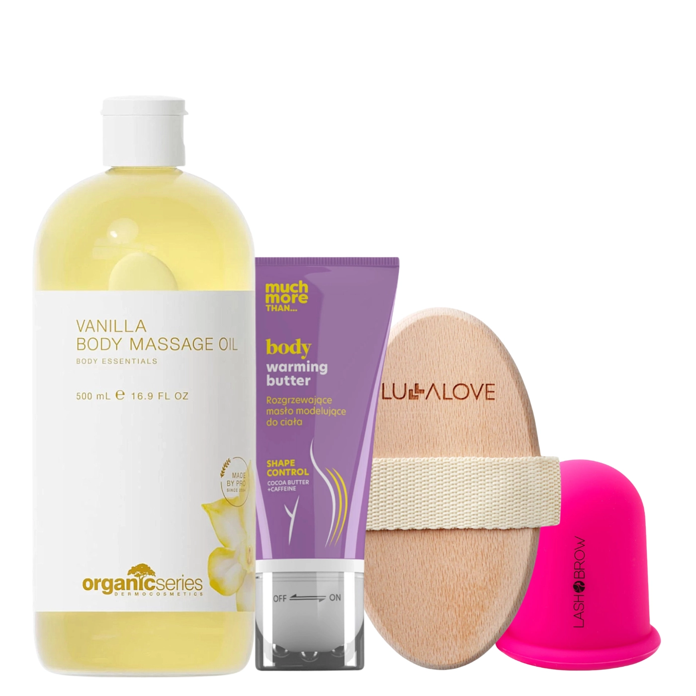 Zestaw do pielęgnacji ciała UJĘDRNIAJĄCY: Lullalove szczotka do masażu + HISKIN Rozgrzewające masło modelujące + Lash Brow Bańka silikonowa XL + Organic Series Olej do ciała Waniliowy
