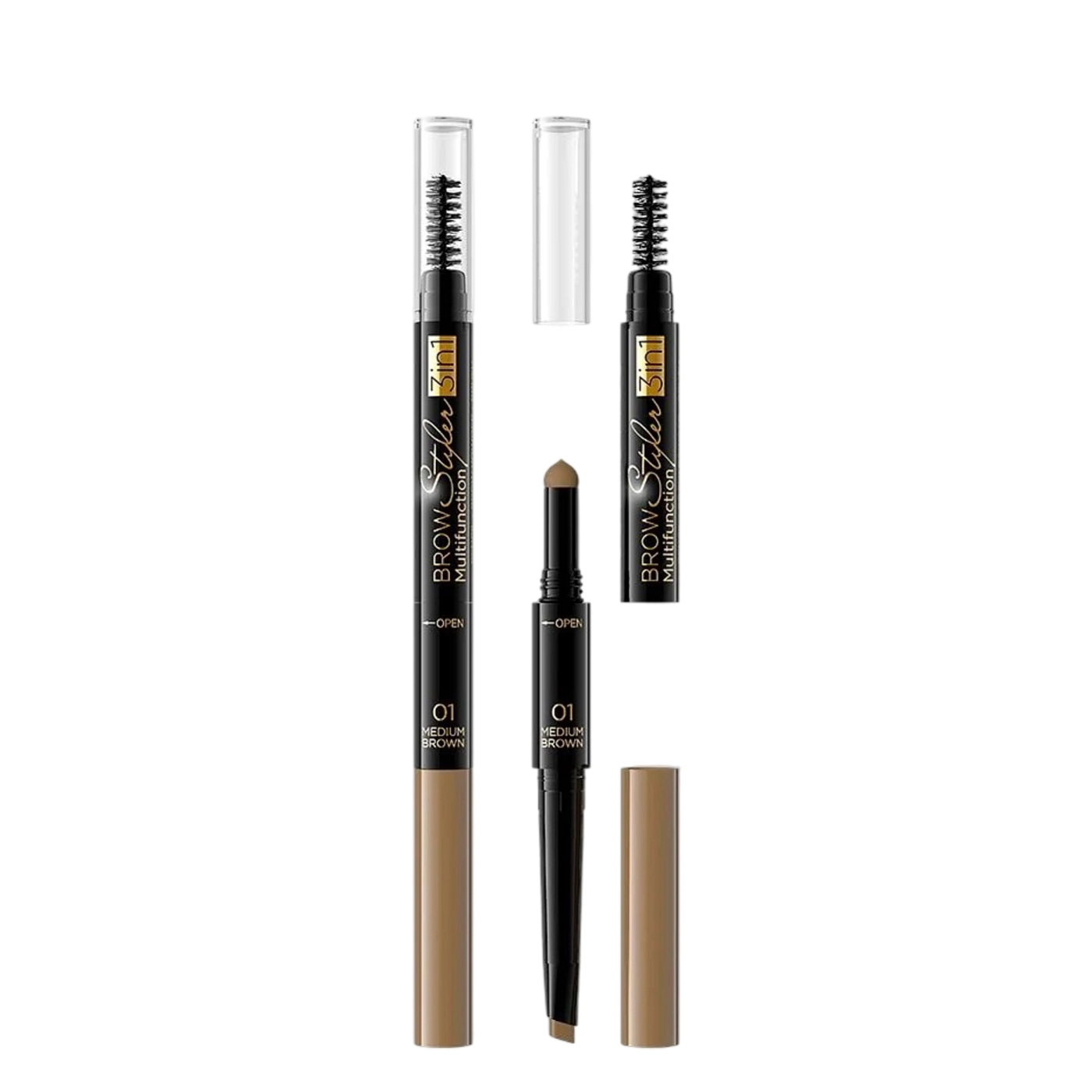 Eveline Cosmetics Brow Styler Multifunction 3w1 Kredka do brwi w sztyfcie z gąbeczką i szczoteczką 01 Medium Brown
