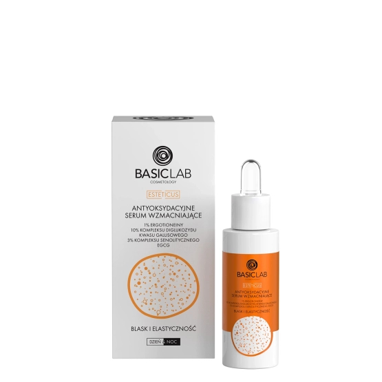 BasicLab Antyoksydacyjne serum wzmacniające 1% ergotioneiny, 10% kompleksu diglukozydu kwasu galusowego, 3% kompleksu senolitycznego, EGCG, Blask i Elastyczność 30ml