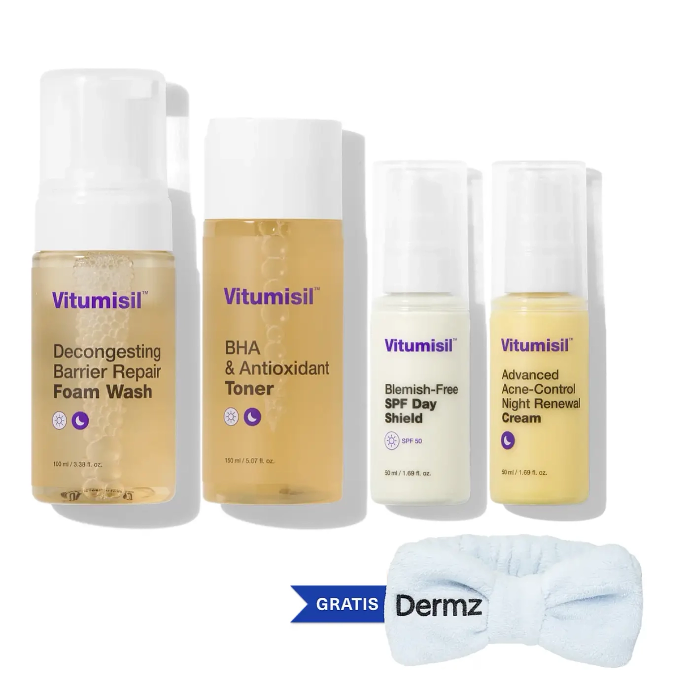 Dermz Labs Vitumisil Anti-Acne SET - Zestaw dla skóry trądzikowej, z niedoskonałościami - Pianka do mycia, toner, krem z SPF i krem na noc