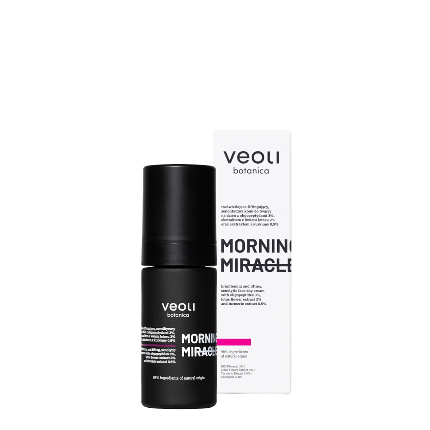 Veoli Botanica MORNING MIRACLE rozświetlająco-liftingujący, senolityczny krem do twarzy na dzień z oligopeptydami 3%, ekstraktem z kwiatu lotosu 2% oraz ekstraktem z kurkumy 0,5% 30ml