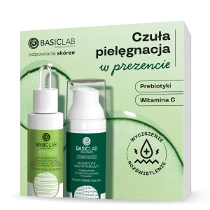 BasicLab Zestaw prezentowy ROZŚWIETLENIE I WYCISZENIE Prebiotyki i Witamina C (Antyoksydacyjne serum wyrównujące z witaminą C 15% + Prebiotyczny krem wyciszający z 5% prebiotyków)